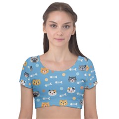 Cute Cat Pattern Velvet Short Sleeve Crop Top  by ExtraAwesomeSauce