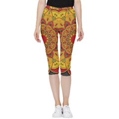 Mandela Flower Orange And Red Inside Out Lightweight Velour Capri Leggings  by ExtraAwesomeSauce