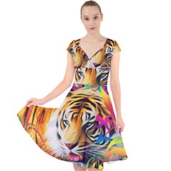 Tiger In The Jungle Cap Sleeve Front Wrap Midi Dress by icarusismartdesigns