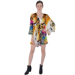 Tiger In The Jungle V-neck Flare Sleeve Mini Dress by icarusismartdesigns