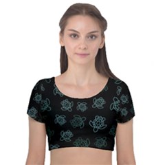 Blue Turtles On Black Velvet Short Sleeve Crop Top  by contemporary