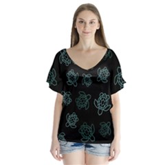 Blue Turtles On Black V-neck Flutter Sleeve Top by contemporary
