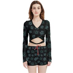Blue Turtles On Black Velvet Wrap Crop Top And Shorts Set by contemporary