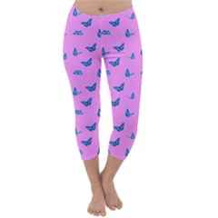 Blue Butterflies At Pastel Pink Color Background Capri Winter Leggings  by Casemiro