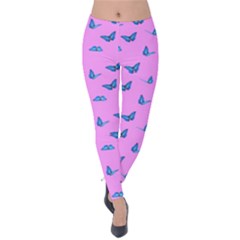 Blue Butterflies At Pastel Pink Color Background Velvet Leggings by Casemiro