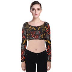 Folk Floral Pattern  Abstract Flowers Surface Design  Seamless Pattern Velvet Long Sleeve Crop Top by Eskimos