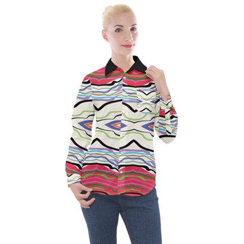 Bohemian Colorful Pattern B Women s Long Sleeve Pocket Shirt by gloriasanchez