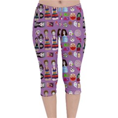 Drawing Collage Purple Velvet Capri Leggings  by snowwhitegirl