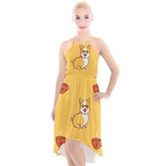 Corgi And Coffee High-low Halter Chiffon Dress  by Bigfootshirtshop