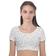 Cute Bunnies And Carrots Pattern, Light Colored Theme Velvet Short Sleeve Crop Top  by Casemiro