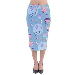 Japanese Ramen Sushi Noodles Rice Bowl Food Pattern 2 Velvet Midi Pencil Skirt by DinzDas