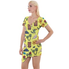 Tropical Island Tiki Parrots, Mask And Palm Trees Short Sleeve Asymmetric Mini Dress by DinzDas
