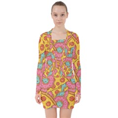 Fast Food Pizza And Donut Pattern V-neck Bodycon Long Sleeve Dress by DinzDas