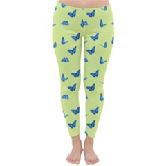 Blue Butterflies At Lemon Yellow, Nature Themed Pattern Classic Winter Leggings by Casemiro