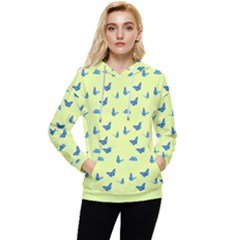 Blue Butterflies At Lemon Yellow, Nature Themed Pattern Women s Lightweight Drawstring Hoodie by Casemiro