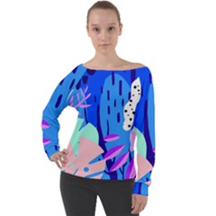 Aquatic Surface Patterns Off Shoulder Long Sleeve Velour Top by Designops73