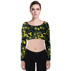 Folk Flowers Art Pattern Floral  Surface Design  Seamless Pattern Velvet Long Sleeve Crop Top by Eskimos