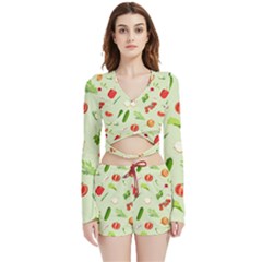 Seamless Pattern With Vegetables  Delicious Vegetables Velvet Wrap Crop Top And Shorts Set by SychEva