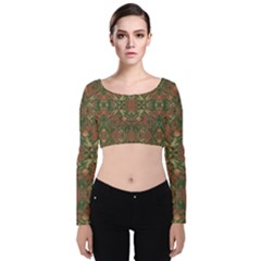 Modern Tropical Motif Print Velvet Long Sleeve Crop Top by dflcprintsclothing