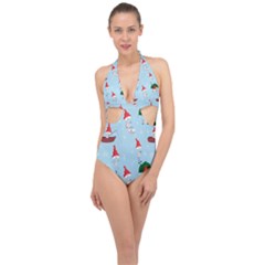 Funny Mushrooms Go About Their Business Halter Front Plunge Swimsuit by SychEva
