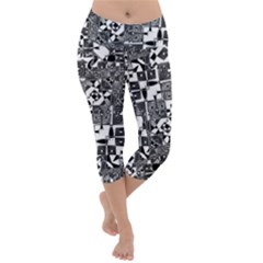 Black And White Geometric Print Lightweight Velour Capri Yoga Leggings by dflcprintsclothing