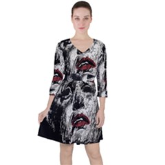 Creepy Head Sculpture Artwork Quarter Sleeve Ruffle Waist Dress by dflcprintsclothing