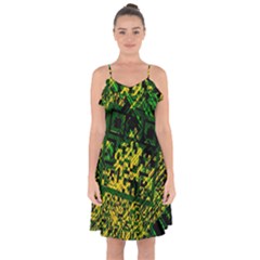 Root Humanity Bar And Qr Code Green And Yellow Doom Ruffle Detail Chiffon Dress by WetdryvacsLair