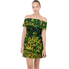 Root Humanity Bar And Qr Code Green And Yellow Doom Off Shoulder Chiffon Dress by WetdryvacsLair