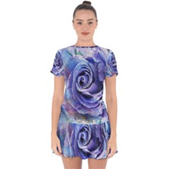 Watercolor-rose-flower-romantic Drop Hem Mini Chiffon Dress by Sapixe