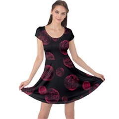 Red Sponge Prints On Black Background Cap Sleeve Dress by SychEva