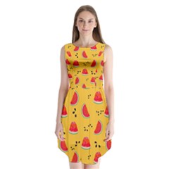 Slices Of Juicy Red Watermelon On A Yellow Background Sleeveless Chiffon Dress   by SychEva