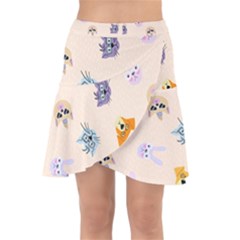 Funny Animal Faces With Glasses Cat Dog Hare Wrap Front Skirt by SychEva