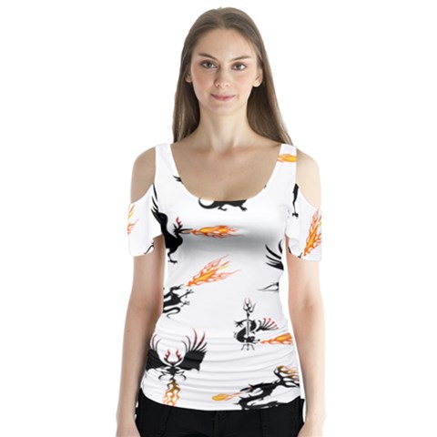Dragon-phoenix-fire-bird-ancient Butterfly Sleeve Cutout Tee  by Sudhe