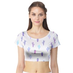 Purple And Blue Cacti Short Sleeve Crop Top by SychEva