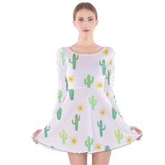 Green Cacti With Sun Long Sleeve Velvet Skater Dress by SychEva