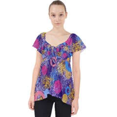 Multicolored Splashes And Watercolor Circles On A Dark Background Lace Front Dolly Top by SychEva