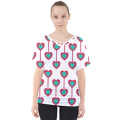 Red Hearts On A White Background V-neck Dolman Drape Top by SychEva