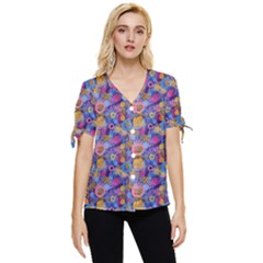 Multicolored Circles And Spots Bow Sleeve Button Up Top by SychEva