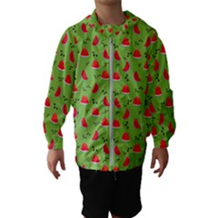 Juicy Slices Of Watermelon On A Green Background Kids  Hooded Windbreaker by SychEva