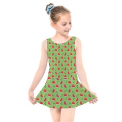 Juicy Slices Of Watermelon On A Green Background Kids  Skater Dress Swimsuit by SychEva