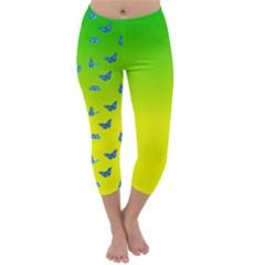 Blue Butterflies At Yellow And Green, Two Color Tone Gradient Capri Winter Leggings  by Casemiro