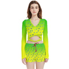 Blue Butterflies At Yellow And Green, Two Color Tone Gradient Velvet Wrap Crop Top And Shorts Set by Casemiro