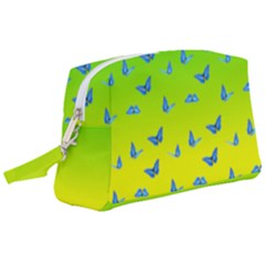 Blue Butterflies At Yellow And Green, Two Color Tone Gradient Wristlet Pouch Bag (large) by Casemiro