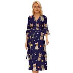 Terrier Cute Dog With Stars Sun And Moon Midsummer Wrap Dress by SychEva