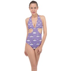 Pug Dog On A Cloud Halter Front Plunge Swimsuit by SychEva
