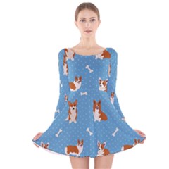 Cute Corgi Dogs Long Sleeve Velvet Skater Dress by SychEva