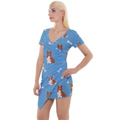 Cute Corgi Dogs Short Sleeve Asymmetric Mini Dress by SychEva