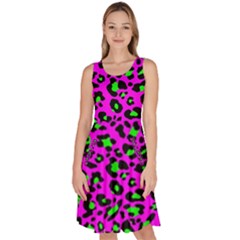 Pink And Green Leopard Spots Pattern Knee Length Skater Dress With Pockets by Casemiro