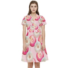 Pink And White Donuts Short Sleeve Waist Detail Dress by SychEva