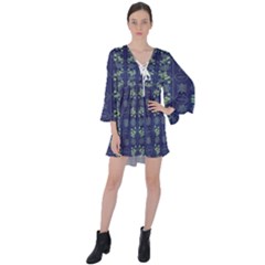 Flowers Pattern V-neck Flare Sleeve Mini Dress by Sparkle